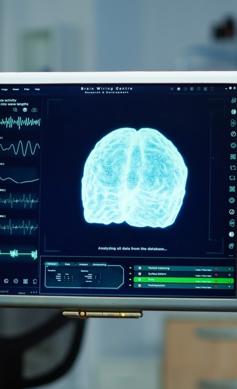 Interior of empty science laboratory with modern equipment prepared for treatment innovation of nervous. System using high tech and microbiology tools for scientific research in neurological lab